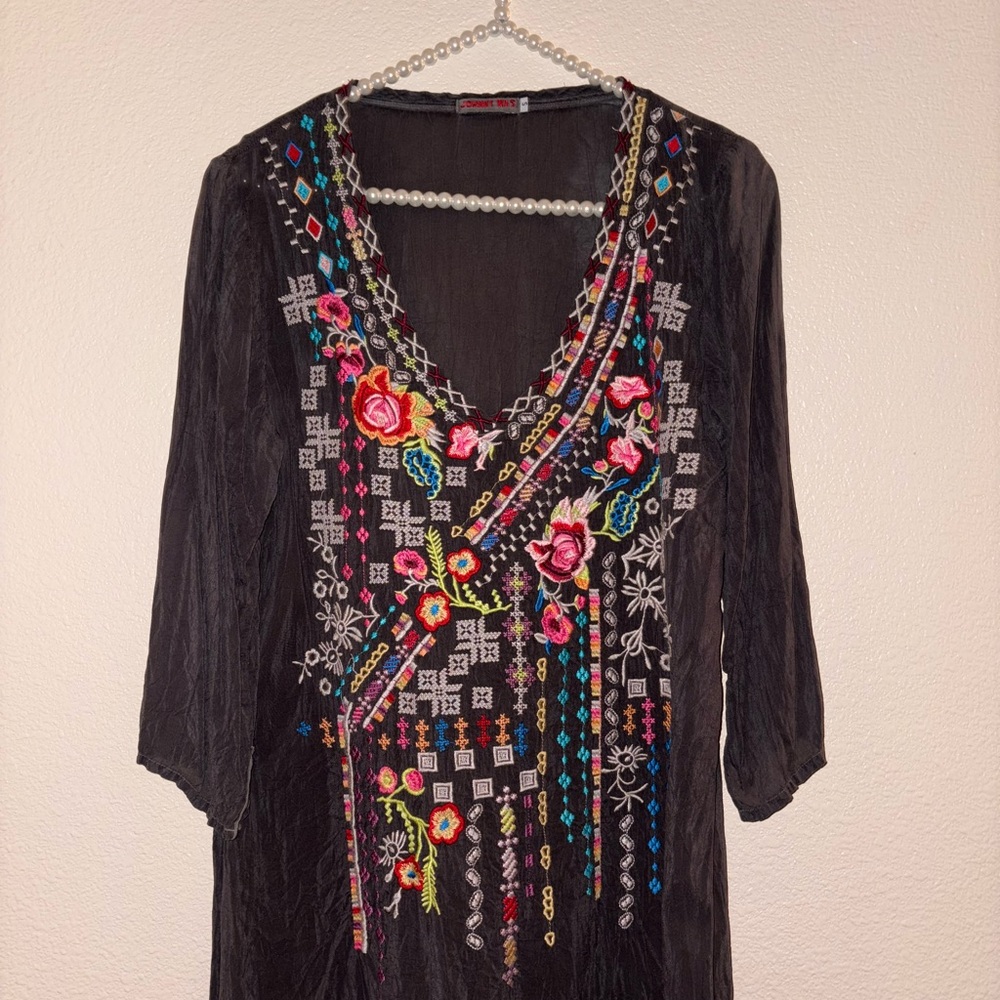 Johnny Was Black Graphic Embellished Tunic Blouse